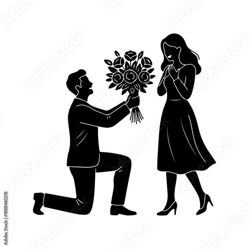 Black silhouette illustration of a man kneeling and proposing with a bouquet of flowers to a woman. Romantic love concept.