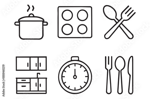 A clean and modern set of cooking icons in minimalist line style with editable strokes, perfect for food apps, recipe blogs, kitchenware packaging, and culinary