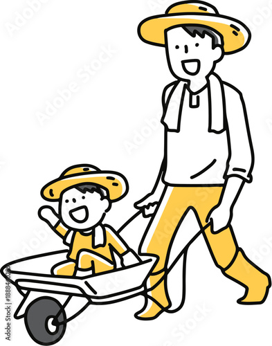 子供を一輪車にのせて運ぶ男性