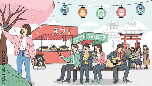 Young People Enjoying Music at Japanese Street Festival with Lanterns