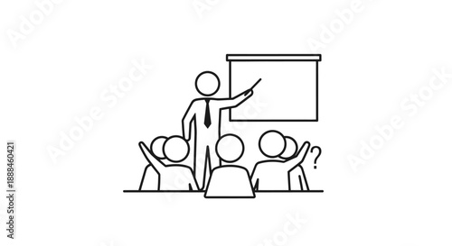 Teacher instructing students during a presentation with raised hands.