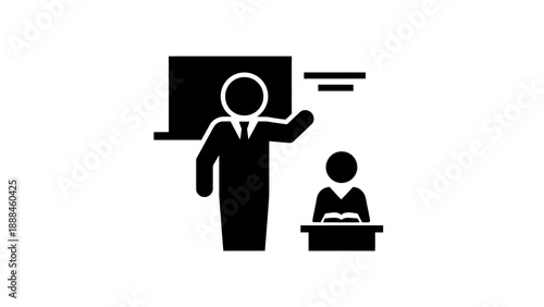 Teacher instructing student at desk with blackboard behind.