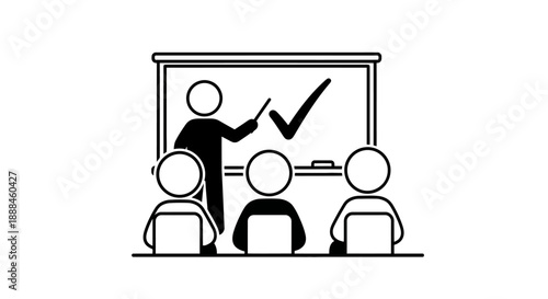 Teacher instructing students at a whiteboard with a checkmark.