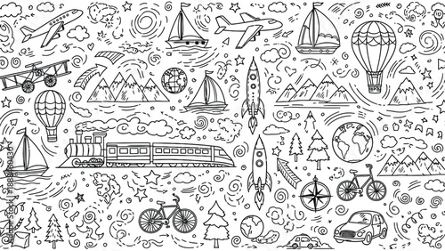 Black and white doodle illustration of various travel and adventure elements.