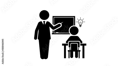Teacher instructing student at blackboard with lightbulb idea symbol.