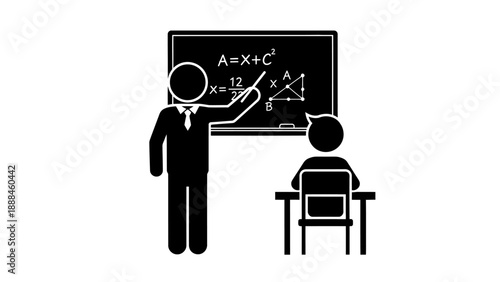Teacher instructing student at blackboard with math equations.