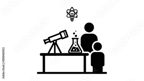 Teacher and student exploring science with telescope and beaker.