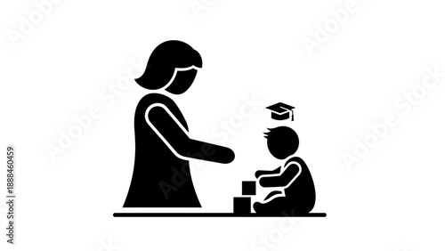 Teacher and child playing with blocks and graduation cap icon.