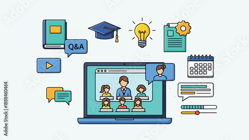 Online learning illustration with laptop and icons