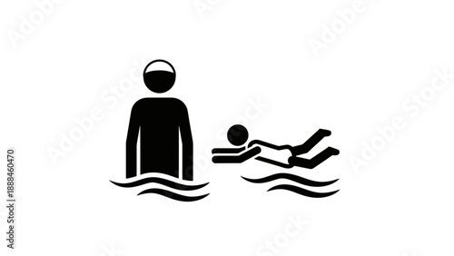 Swimming instructor teaching a child to swim in water.