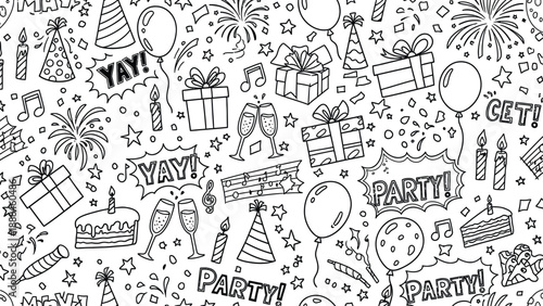 Black and white doodle party elements with festive decorations and celebratory items.