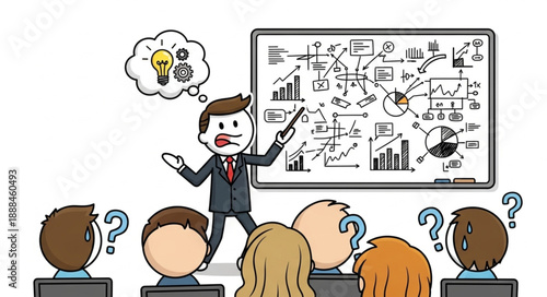 Teacher Explaining Complex Ideas to Students with Question Marks.