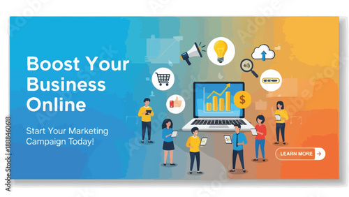 Online marketing campaign promotion with people and laptop