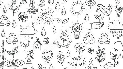 Collection of Hand Drawn Environmental Icons and Symbols.