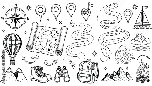 Travel and Adventure Icons with Map and Navigation Symbols.