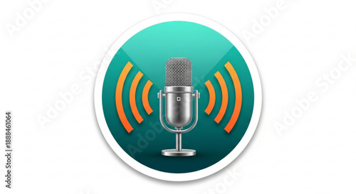 Podcast microphone icon with orange sound waves on teal background symbolizing audio broadcasting and online content creation