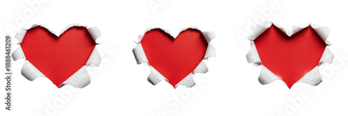 Fotografie Collection of heart shaped holes torn in white paper revealing red background, conceptual 3D illustration of love, romance and Valentine's Day isolated on white background