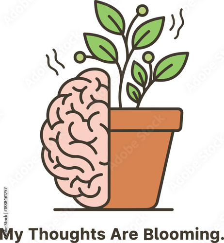 My Thoughts Are Blooming Concept Illustration with Brain and Plant Pot