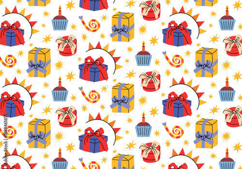 Cute seamless Birthday pattern. Printable party print with bows, gift boxes, confetti, whistles, stars. Wrapping paper decor. Making party paper, decoration, packaging, greetings, happy holiday card