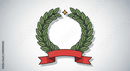 Laurel wreath with red ribbon and star on white background symbolizing achievement and honor