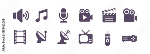 Simple yet bold vector icons pertaining to multimedia. The set encompasses symbols for audio-video, telecommunication, and entertainment devices.