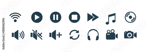 Clear and bold vector icons associated with multimedia. This set includes symbols for audio-video, telecommunication, and entertainment devices. 