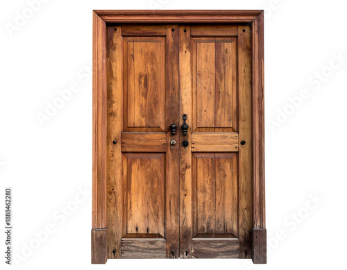 A frontal shot of a closed, double wooden door, isolated against a solid black background. The door features panels, hardware, and frame details