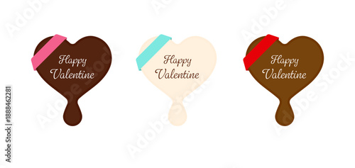 ダークブラウン・ホワイトチョコレート・リッチミルクカラーの3種のハート型チョコレートにビビットピンク・ミントブルーグリーン・深みのある赤の斜めリボンを掛けた、「Happy Valentine」の筆記体文字入り溶け出すハート型ギフトタグセット