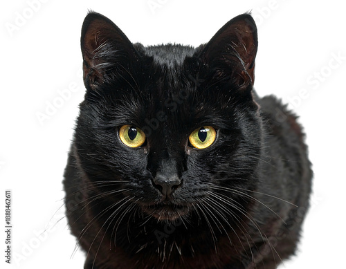 A frontal shot of a sleek black cat with piercing yellow eyes against a clean black backdrop. Its fur appears velvety