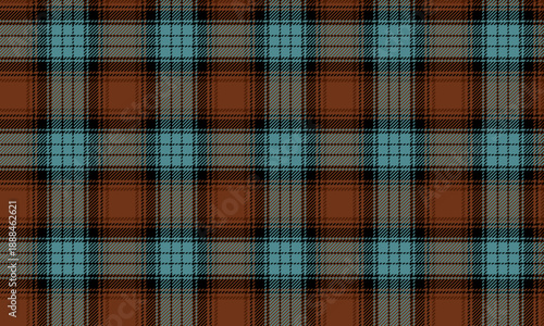 Seamless plaid fabric in orange, blue, and black, in a contemporary fashion style. Suitable for designing clothing, skirts, and trousers, adding a distinctive and unique touch to any design.