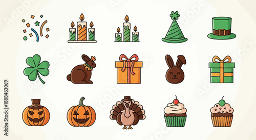 Festive icons holiday symbols and celebratory elements for design