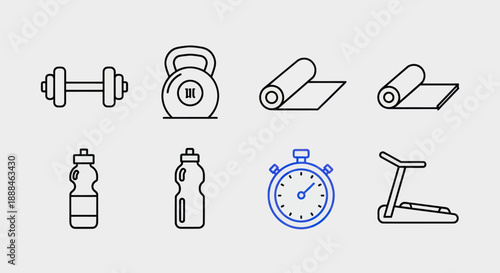 Fitness equipment icons dumbbell kettlebell yoga mat water bottle stopwatch