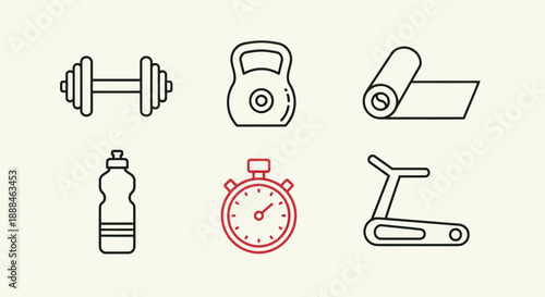 Fitness equipment icons set dumbbell kettlebell stopwatch and treadmill