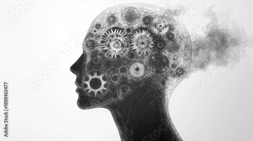 A monochrome visualization of the human mind, symbolizing cognitive processing. on blurred background