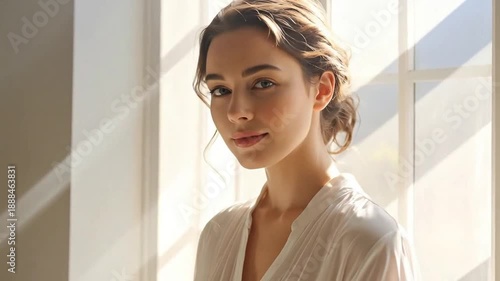 Portrait of a serene woman bathed in sunlight near a window, exuding tranquility.