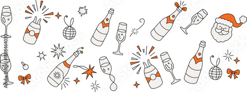 Holiday celebration illustration, champagne bottle pop, festive party icons, Santa disco ball vector, New Year clipart, minimal design elements