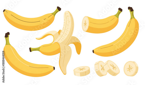 Banana vector set with half peeled bananas and sliced fruit