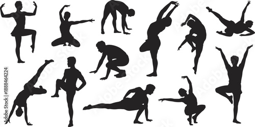 Silhouette poses, dance yoga exercise, human motion vector, black figure set, flexibility balance icons, fitness movement illustration, posture design