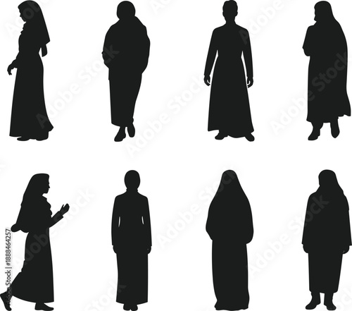 Traditional garment silhouette set, modest attire vector, cultural posture icons, black figure illustration, diverse stance clipart, ethnic fashion graphic