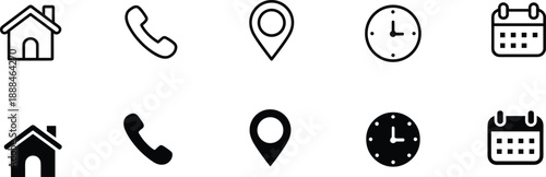 UI icon set vector, outlined and filled styles, home phone location time date symbols, minimalist interface graphic pack