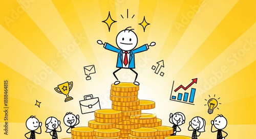 Successful Businessman Standing on Stack of Coins Surrounded by Admirers.