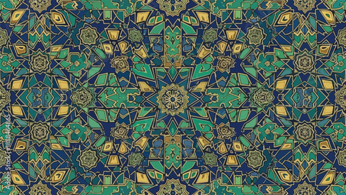 Ornate mosaic pattern with blue, green, and gold shapes