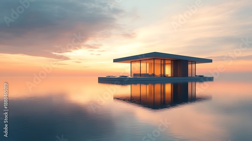 Modern lakeside house reflecting in water with sunset sky background