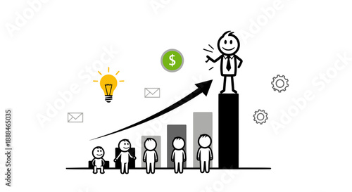 Successful business leader standing on top of growth chart with team below.