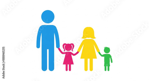 Stylized illustration of a happy family holding hands together.