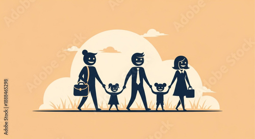 Stylized illustration of a family walking together holding hands.