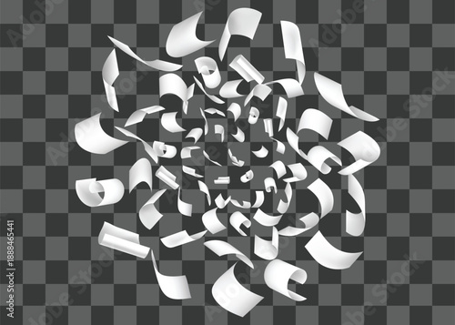 vector illustration of flying white blank paper sheets scattered on transparent background