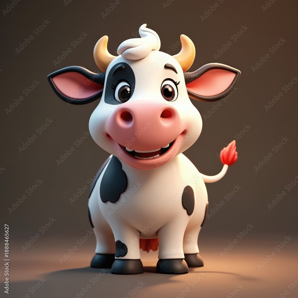 Obraz premium Cute cartoon cow illustration, friendly farm animal character with black spots, smiling wide. Whimsical 3D design, perfect for kids content or dairy branding.