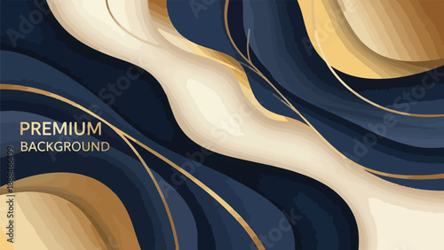 Premium abstract background with gold, beige, and dark blue waves