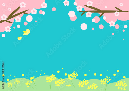 Spring Landscape Illustration with Cherry Blossoms, Flying Birds and Rapeseed Field